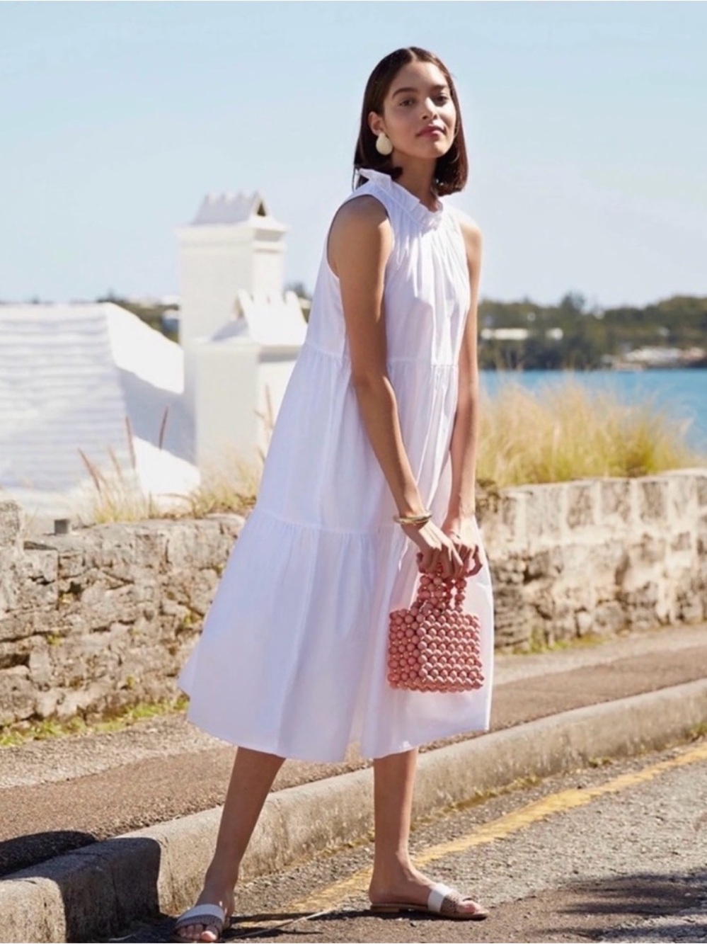 LAKE Dress White Cotton Poplin Sleeveless Midi Pockets Coastal Cottagecore Large
